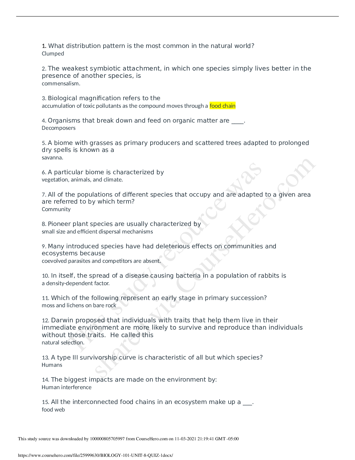 Preview image of BIOLOGY 101 UNIT 8 QUIZ document